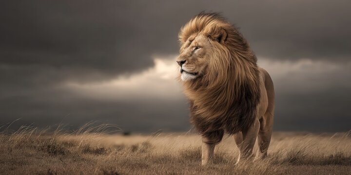 Un le&oacute;n imponente se alza en un paisaje africano bajo un cielo tormentoso.