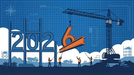 Construction workers building 2026 with crane and blueprint background