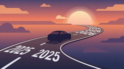 Car driving into a bright future with road marked with years