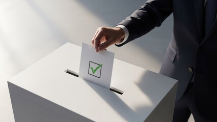 Person in suit casting a ballot into a white voting box. Sunlight streams from top left