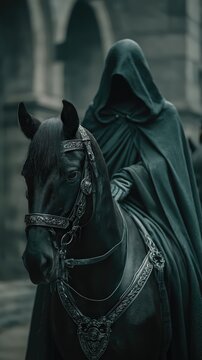 Un jinete encapuchado montado en un corcel negro, envuelto en misterio y oscuridad.