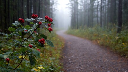 A forest path with red berries and green leaves.