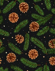Festive pattern with pinecones, evergreen branches, and tiny stars on black
