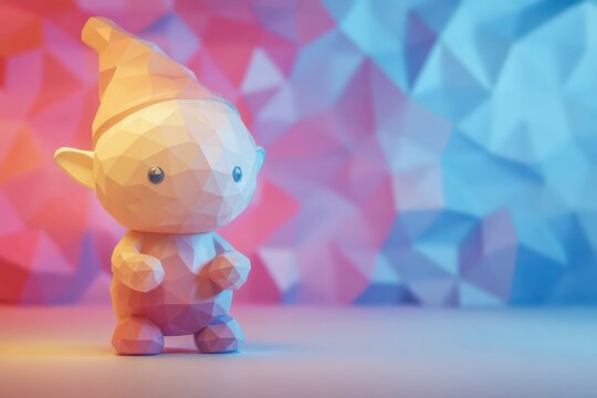 Un adorable gnomo poligonal con una expresi&oacute;n curiosa, iluminado por una luz suave y vibrante.