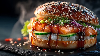 Indulgent Salmon Sushi Burger creation bursting with fresh flavors and drizzled with savory sauce, a gourmet delight for adventurous palates.