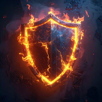 A glowing metal shield engulfed in flames against a dark background
