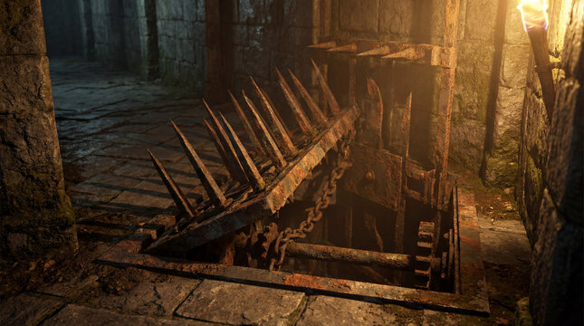 A chilling image of a medieval torture device, a sinister spiked trap poised above a dark abyss, exuding a sense of dread and the horrors of the past.