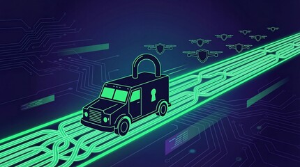 Secure delivery truck with padlock on neon green circuit board road