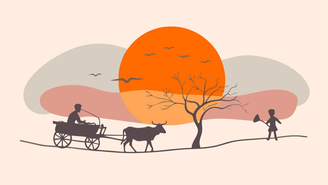 Rural sunset with ox cart and tree isolated on white background