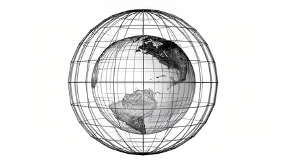 A gray-scale Earth globe centered inside a wireframe sphere