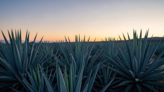 Sunset over a field of spiky blue agave plants, horizon, soft light - Powered by Adobe