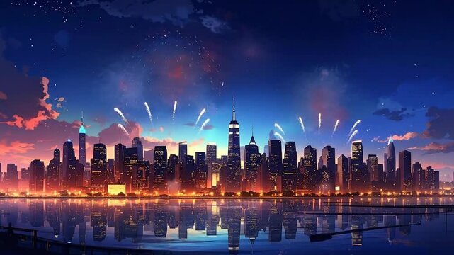 Animated Fireworks Display Over City Skyline at Night