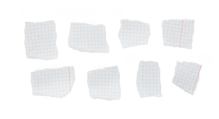 Collection of torn graph paper pieces isolated on transparent background