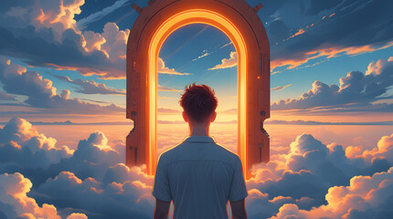 Digital Artwork of Man Facing Glowing Orange Portal in Vast Cloud Landscape, Concept of Branding Identity, AI-Driven Creativity, Strategic Decision Making, Education and Future Design, Color Change Op