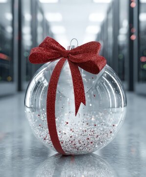 Una esfera transparente llena de luces brillantes, atada con una cinta roja brillante, sobre un fondo de pasillo moderno.