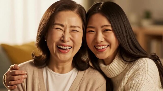 Joyful asian mother and adult daughter sharing a genuine moment of heartfelt laughter and strong familial bonding indoors with bright lighting