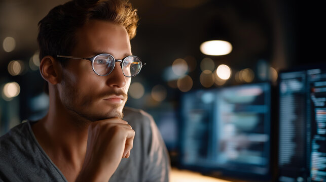 Faceless young developer in eyeglasses concentrating on online work, computer workplace focus, cybersecurity development session, defocused office background, with copy space - Powered by Adobe