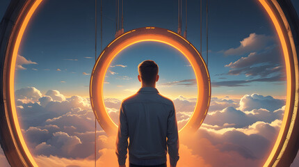 Digital Artwork of Man Facing Glowing Orange Portal in Vast Cloud Landscape, Concept of Branding Identity, AI-Driven Creativity, Strategic Decision Making, Education and Future Design, Color Change Op