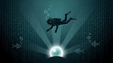 Diver exploring digital underwater world with glowing orb
