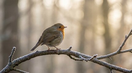 Obraz premium A charming robin perches delicately on a frosty branch, its feathers puffed against the chill, while a soft, ethereal light bathes the winter woodland scene. 