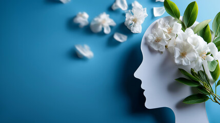 World mental health day concept, paper human head symbol with flowers on blue background, awareness campaign imagery, psychological wellness, with copy space