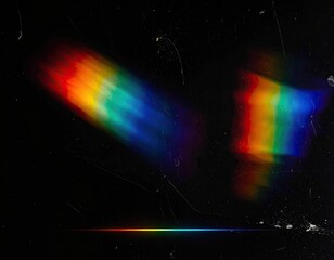 A black, distressed image displays a spectrum of refracted light
