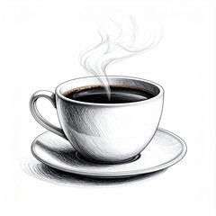Steaming cup of dark coffee sits on a saucer, pencil sketch on white