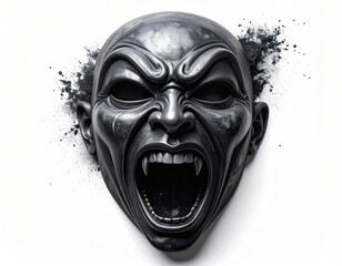 A snarling face mask, dark grey, with open mouth and menacing expression