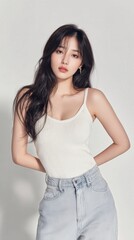 Una joven con un look moderno y relajado, posando con confianza.