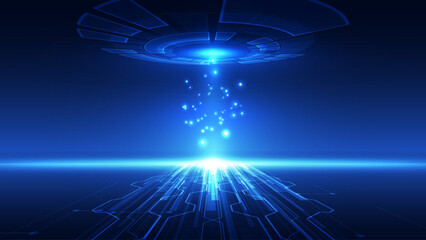 Futuristic Technology Background: Digital Data Transmission Beam and Circular HUD Interface