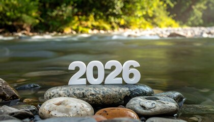 Precision cut white marble year 2026 numbers resting on a large stone in the middle of a flowing river with lush green trees