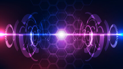 Abstract Futuristic Technology Background: Hexagon Grid and Symmetrical Glowing HUD Interface