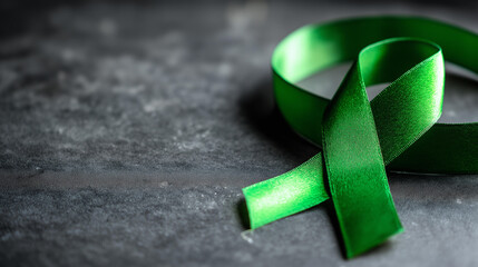 World mental health day green ribbon awareness campaign, psychological wellness symbol, mental health advocacy, support and understanding representation, with copy space