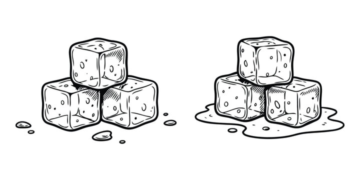 Melting ice cubes vector illustration, hand drawn black and white ice block stack with water drips, frozen cube sketch isolated on white background