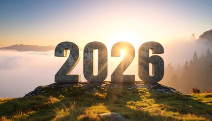 Monumental stone 2026 typography standing on a rocky mountain peak overlooking a sea of white clouds and fog at bright sunrise