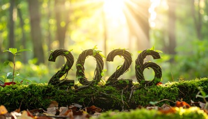 Close up of the year 2026 handcrafted from intertwined tree branches and fresh green vines resting on a mossy log in sunlight