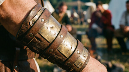 A historical reenactor showcases authentic leather and metal arm protection, capturing a moment from the past. 