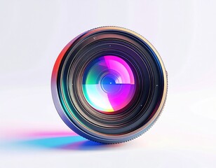 Detailed closeup of a camera lens with colorful, reflective light play