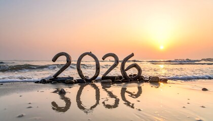 Year 2026 creatively formed from natural driftwood and smooth ocean stones on a sandy beach at sunrise with a soft golden sun