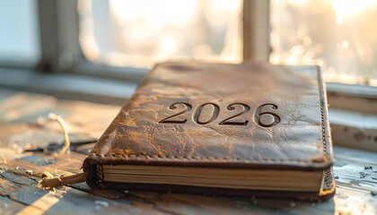 Close up of a vintage weathered leather journal with the year 2026 etched into the cover resting on a wooden windowsill