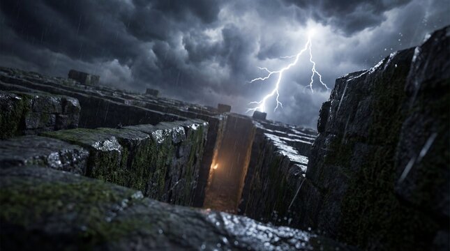 A dramatic storm unleashes its fury upon ancient ruins, where a captivating doorway radiates an inviting warm glow under the electric touch of lightning, creating a sense of wonder and mystery. - Powered by Adobe