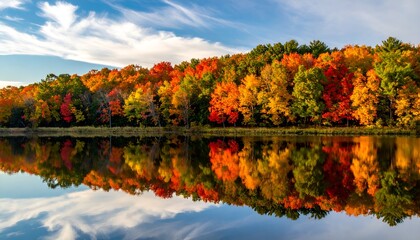 Fototapeta premium Vibrant autumn foliage frames a tranquil lake under a blue sky, reflecting perfectly