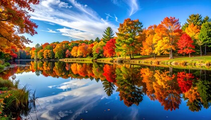 Vibrant fall foliage mirrors in calm lake with blue sky and fluffy clouds