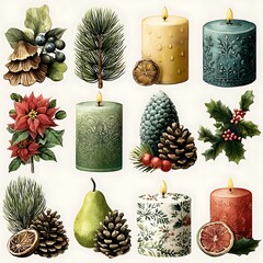 Christmas Decorative Set with Patterned Candles Poinsettia Pine Cones Pear and Citrus Slices
