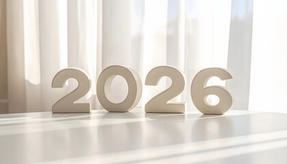 Elegant white ceramic numbers 2026 standing on a clean white table with soft window light and shadows for a minimalist future concept