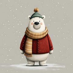 Cute Polar Bear Character Wearing Red Coat Scarf and Beanie in Winter Snow Illustration