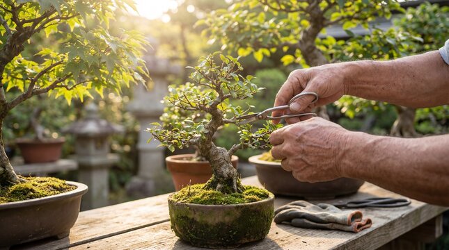 An expert's hands carefully tend to a miniature bonsai tree, delicately pruning its branches with precision in a serene garden setting, artful and meditative.