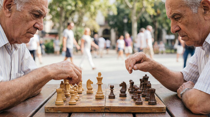 Two elderly gentlemen engrossed in a competitive chess match, strategically positioning their pieces on the board in a public space. Capturing the essence of companionship and intellectual engagement.