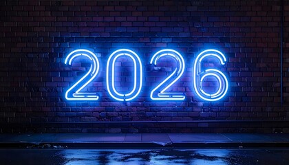 Bright blue neon 2026 sign glowing on a dark brick wall in an urban alleyway at night with reflections on wet pavement