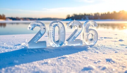 Photorealistic winter landscape featuring 2026 carved from crystal clear ice blocks standing on a frozen lake during a bright golden sunset